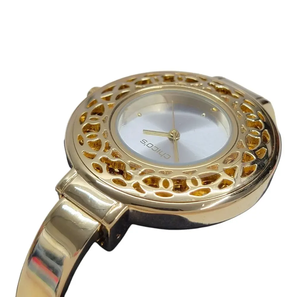 Chicos Portia Watch Womens Gold Tone Openwork Filigree Cuff Bangle New Battery